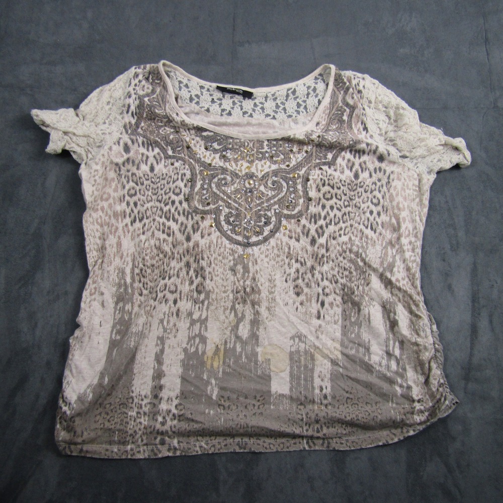 Style & Co T-Shirt Women 1X Gray Leopard Lace Sleeve Embellished Studded Top